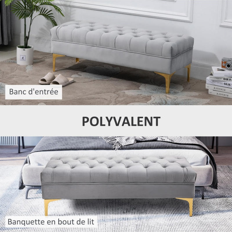 Voetenbankje – Zitelement – Bankje – Poef – Hocker – Lichtgrijs Fluweel – 118x45x42 cm – Gouden Metalen Frame