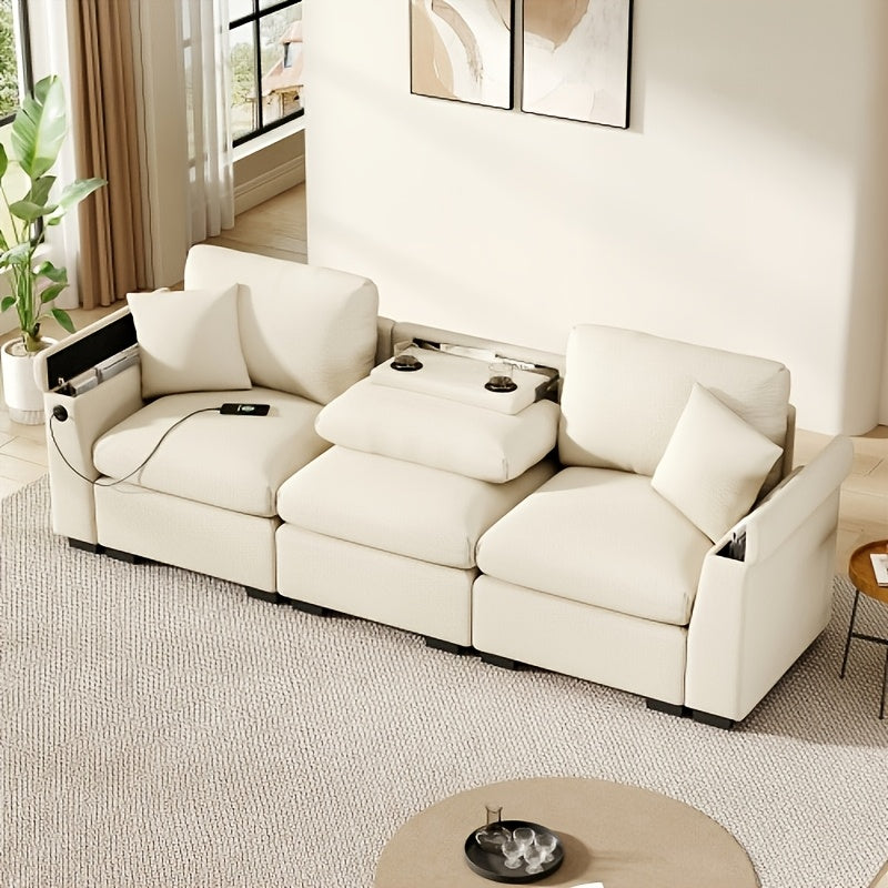 3-Zits Bank – Hoekbank – Slaapbank – Loveseat – Convertible Bank – Inklapbare Tafel – Bamboe Frame Met Opbergruimte – Licht Beige Katoen – Ruimtebesparend Multifunctioneel Design
