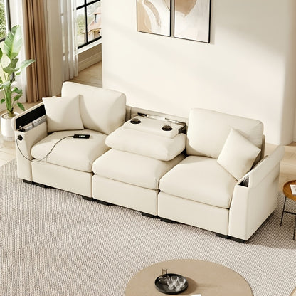 3-Zits Bank – Hoekbank – Slaapbank – Loveseat – Convertible Bank – Inklapbare Tafel – Bamboe Frame Met Opbergruimte – Licht Beige Katoen – Ruimtebesparend Multifunctioneel Design