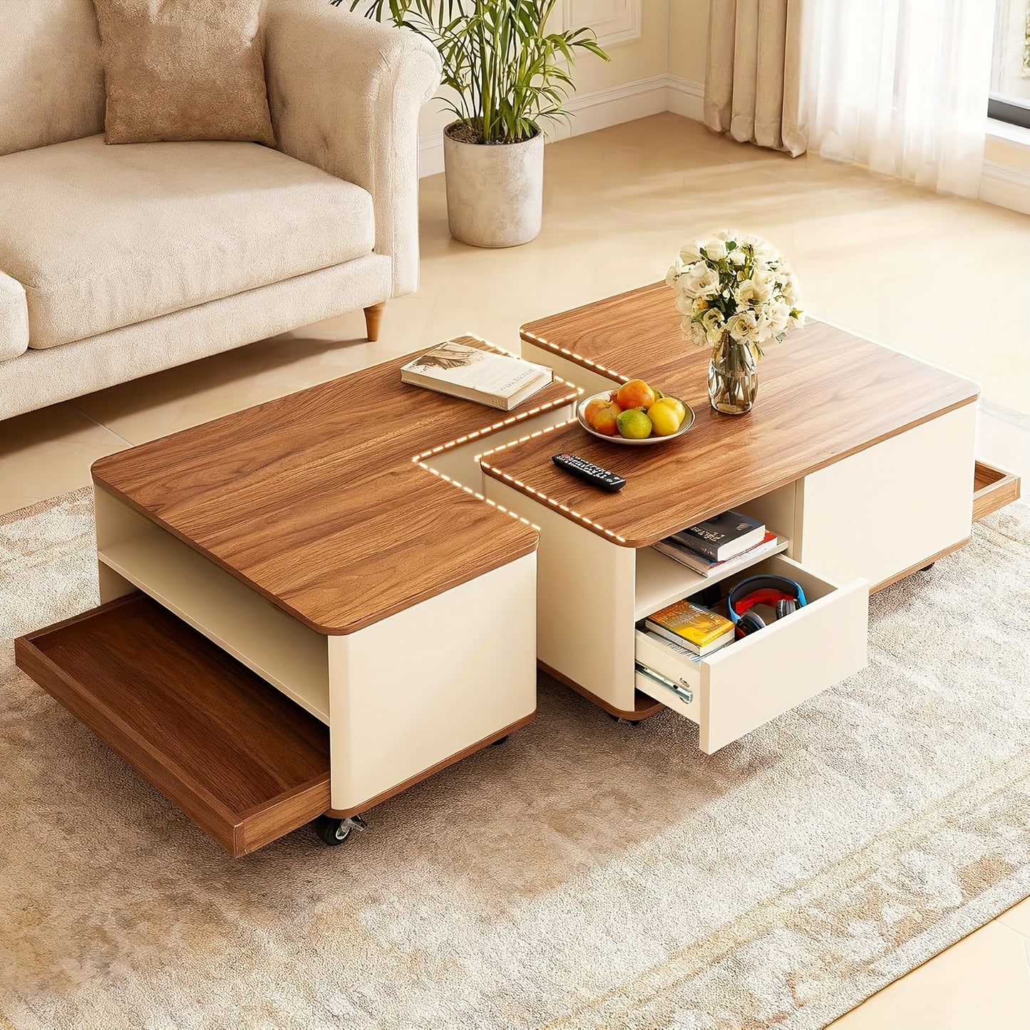 Salontafel – Woonkamertafel – Koffietafel – Bijzettafel – Tafeltje – Modern Bruin – Met Wieltjes & 2 Laden – Duurzaam Hout – Uitbreidbaar & Compact