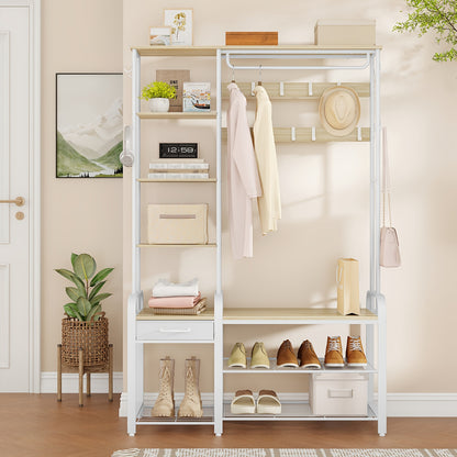 Coat Rack with Bench, Wardrobe with 3-tier Shoe Bench And 1 Drawer, 5-in-1 Clothes Rack with 17 Hooks, 1 Hanging Rod, 4-tier Side Shelves, Golden Oak-white, Coat And Hat Rack, Clothes Hanging Rack, Clothes Rack with Mirror, C