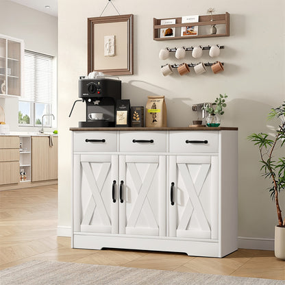 3 Drawers and 3 Doors Sideboard | Wooden Storage Cupboard Cabinet for Kitchen, Living Room, Dining Room, Hallway, White & Black, Contemporary Style, Oyajia Brand
