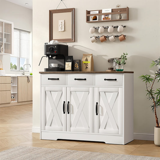 3 Drawers and 3 Doors Sideboard | Wooden Storage Cupboard Cabinet for Kitchen, Living Room, Dining Room, Hallway, White & Black, Contemporary Style, Oyajia Brand