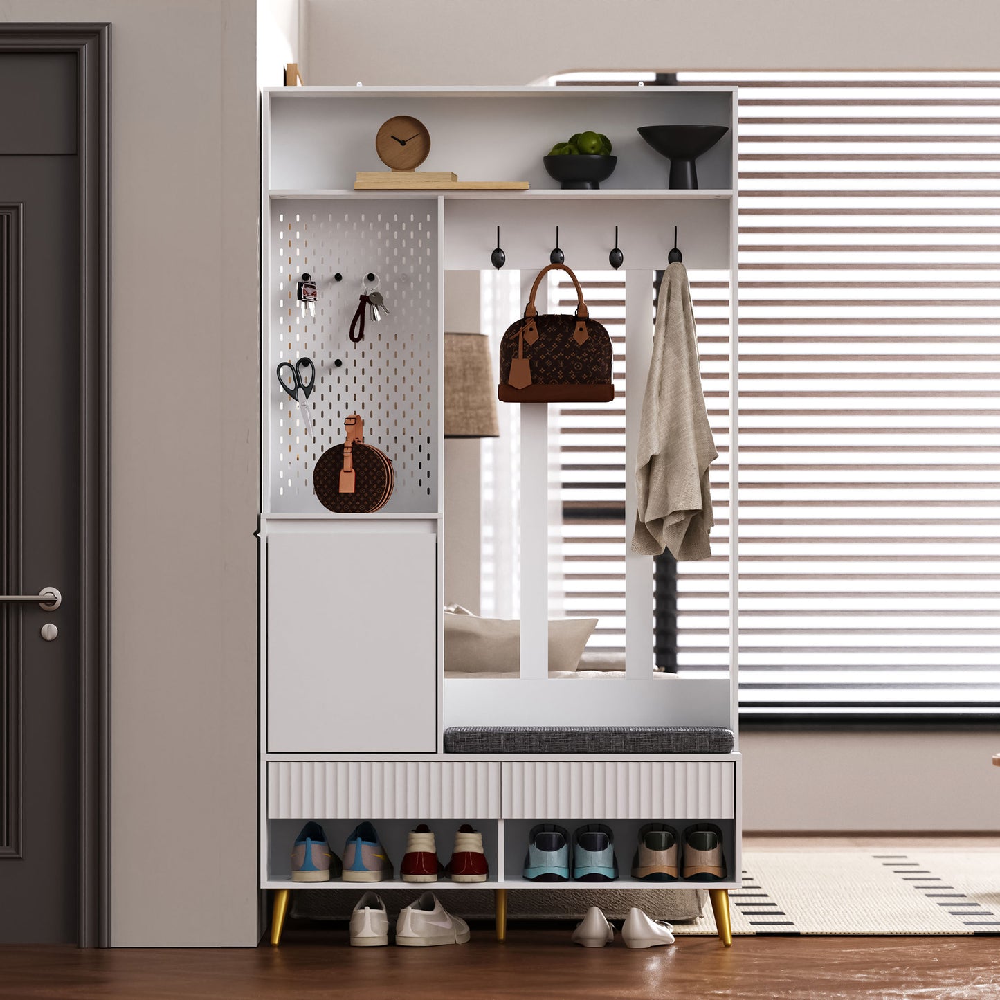 Garderobekast – Kapstok – Schoenenkast – Schoenbank – Halmeubel – 6-in-1 Multifunctioneel – MDF Wit – 100x35x180 cm – Anti-Kantel Veiligheid
