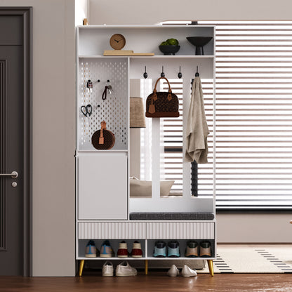 Garderobekast – Kapstok – Schoenenkast – Schoenbank – Halmeubel – 6-in-1 Multifunctioneel – MDF Wit – 100x35x180 cm – Anti-Kantel Veiligheid