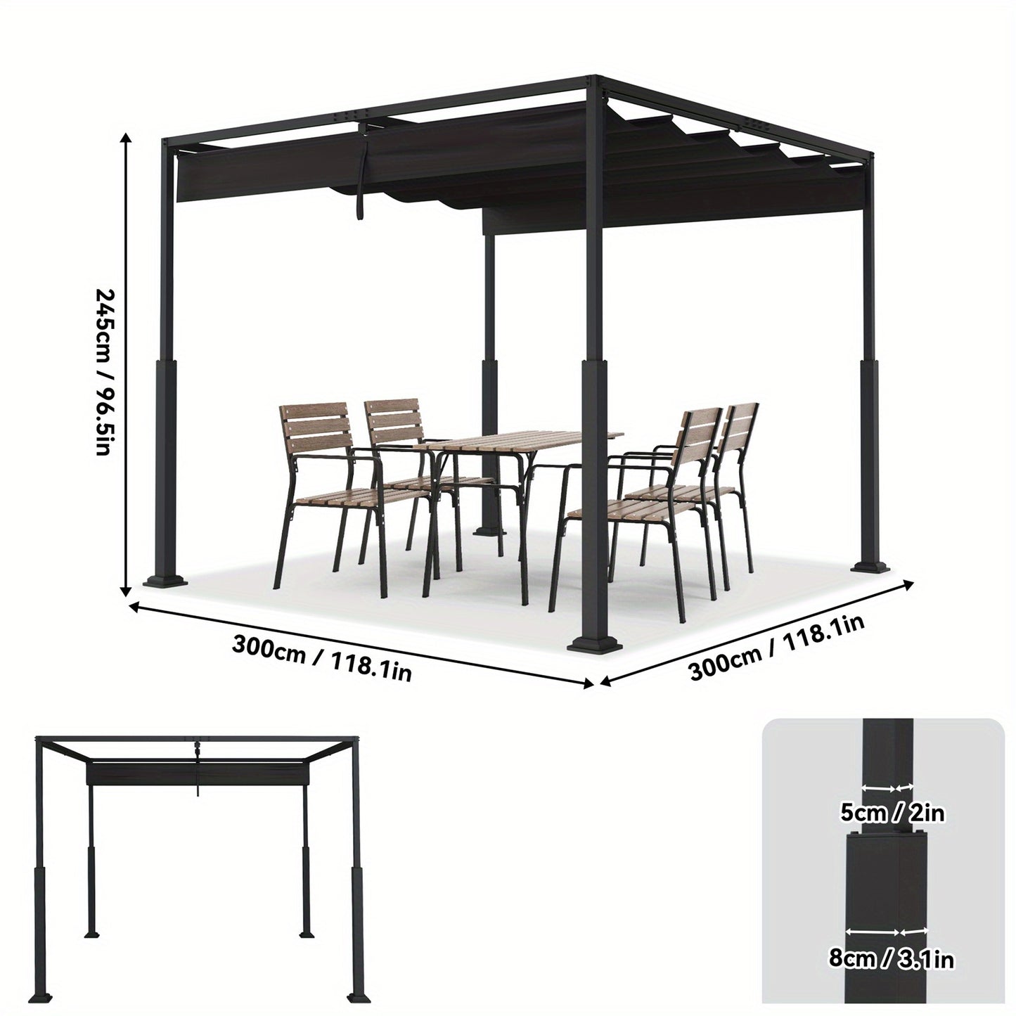 Pergola – Tuinoverkapping – Prieel – Zonnescherm – Tuinpaviljoen – 3x3 Meter – Schuifbaar Dak – Stalen Frame