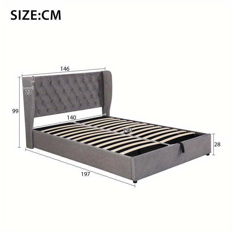 Packaged bed in the shape of a velvet double bed 140190 Hydraulic functional bed with slatted base and gray storage space