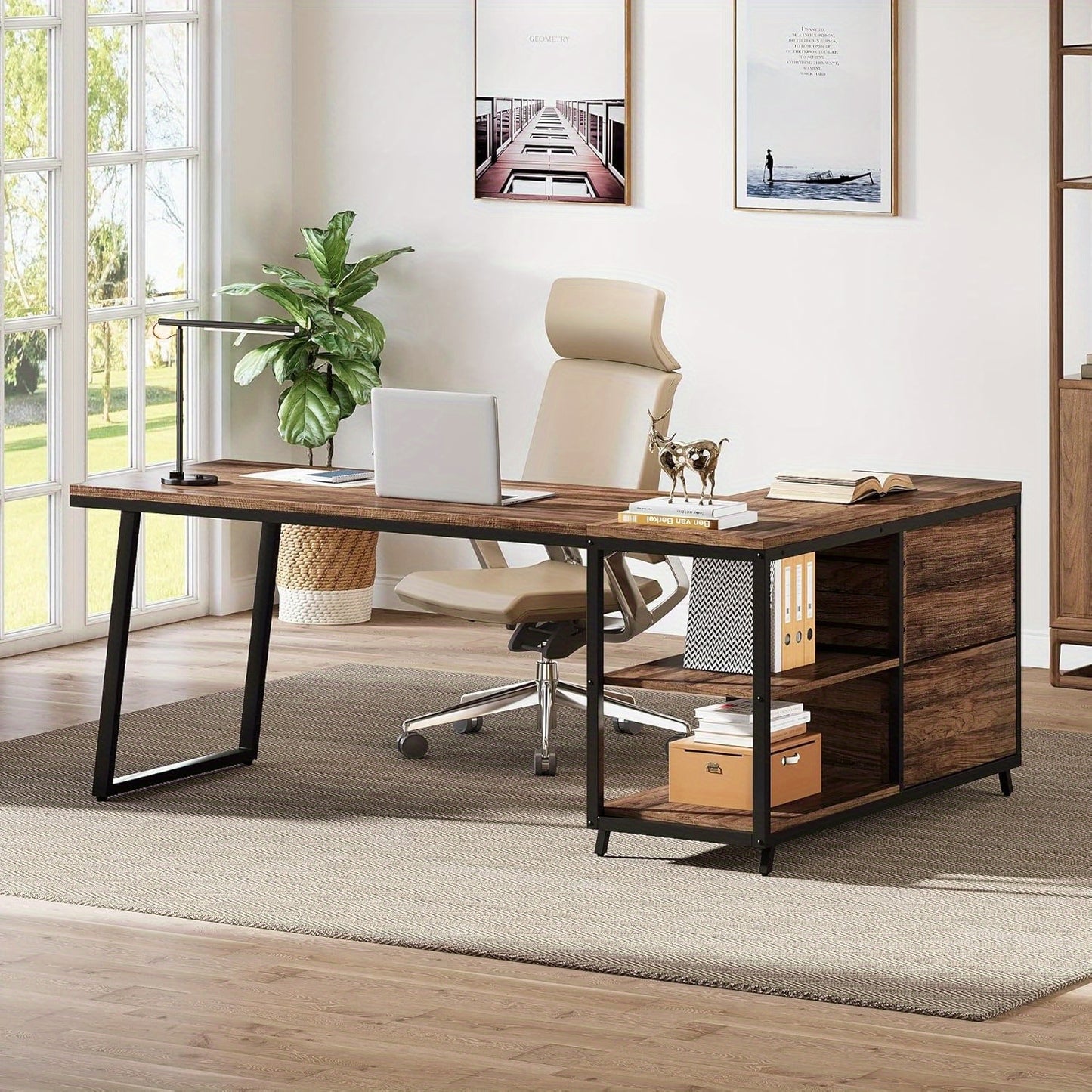 Hoekbureau – Bureau – Computerbureau – Werkplek – L-vormig bureau – Bruin – Omkeerbaar ontwerp – 134,62 cm Werkblad – 3 Laden en 2 Open Planken