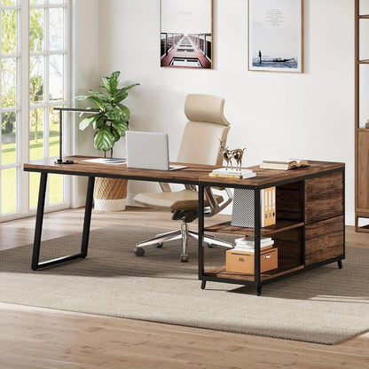 Hoekbureau – Bureau – Computerbureau – Werkplek – L-vormig bureau – Bruin – Omkeerbaar ontwerp – 134,62 cm Werkblad – 3 Laden en 2 Open Planken