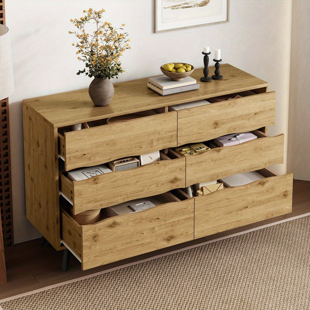 Dressoir – Sideboard – Opbergkast – Ladenkast – Kast – Natuurlijk Kleur – 6 Lades – Metalen Pootjes – Ruime Opbergruimte – Eenvoudige Montage