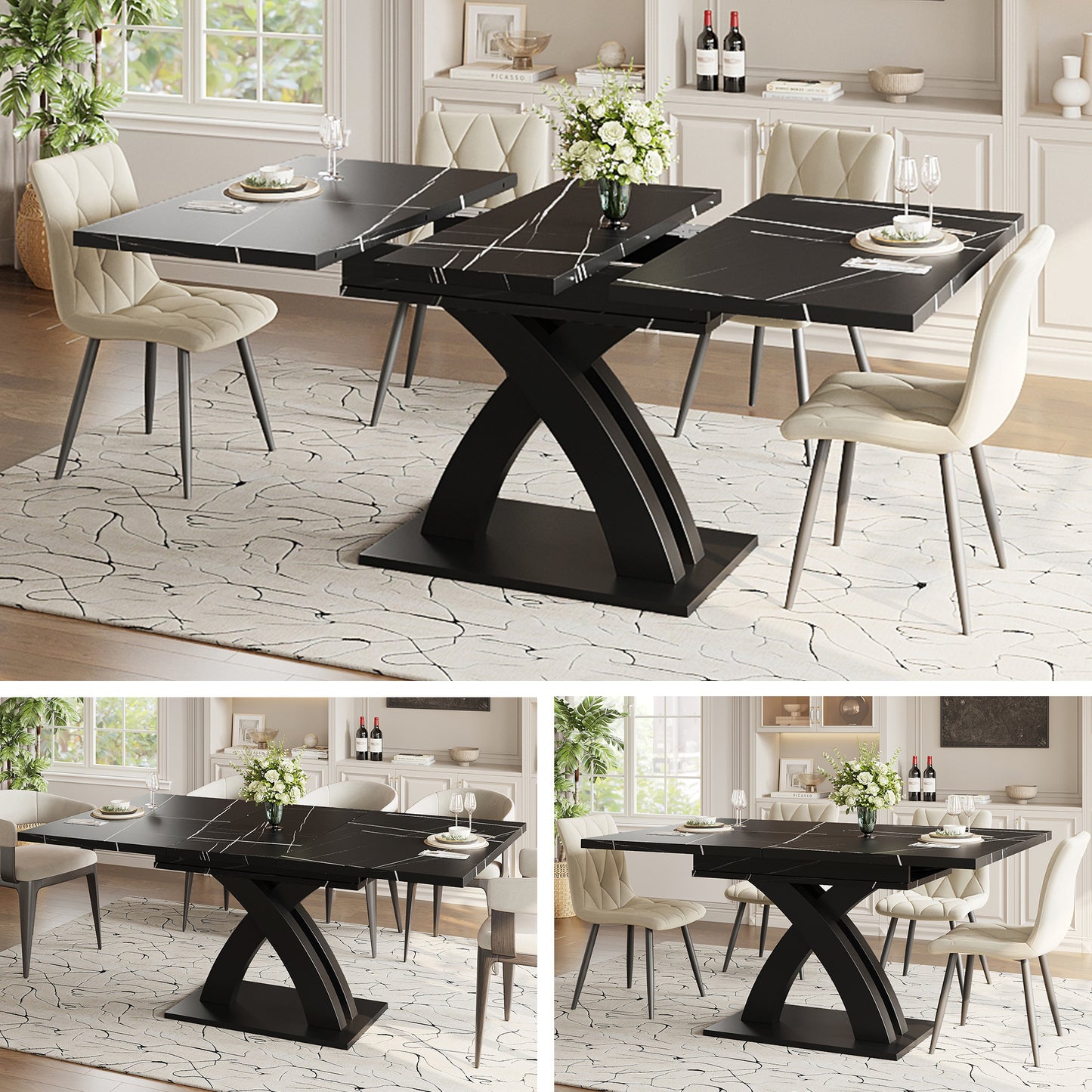 Uitklaptafel – Klaptafel – Vouwtafel – Eettafel – Campingtafel – Verlengbaar 120-160 cm – Marmerlook MDF Tafelblad – Stabiel Zwart X-Frame