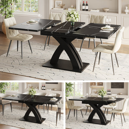 Uitklaptafel – Klaptafel – Vouwtafel – Eettafel – Campingtafel – Verlengbaar 120-160 cm – Marmerlook MDF Tafelblad – Stabiel Zwart X-Frame