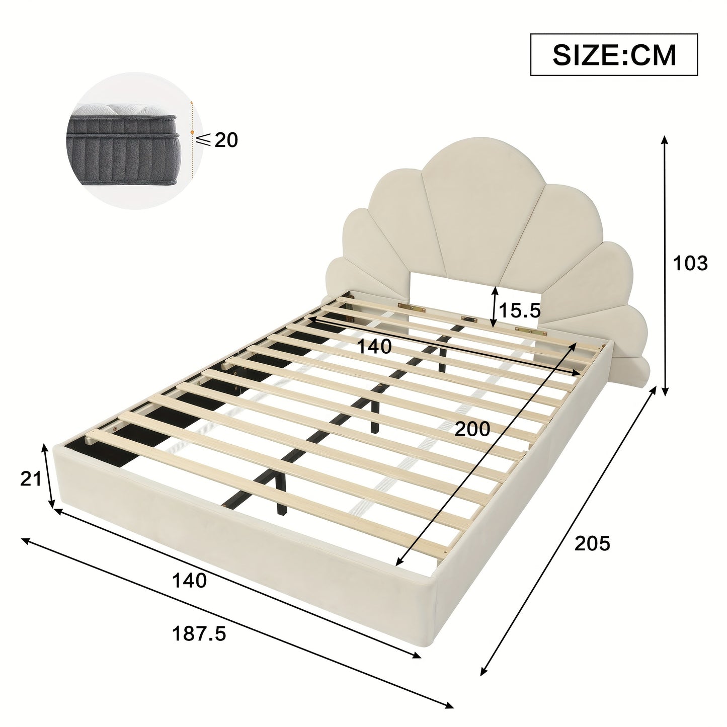 Tweepersoonsbed – Bed – Slaapbed – Logeerbed – Bedframe – Beige Bamboe Frame – Bloemblad Hoofdbord – Compact 140x200 cm – Eenvoudige Montage