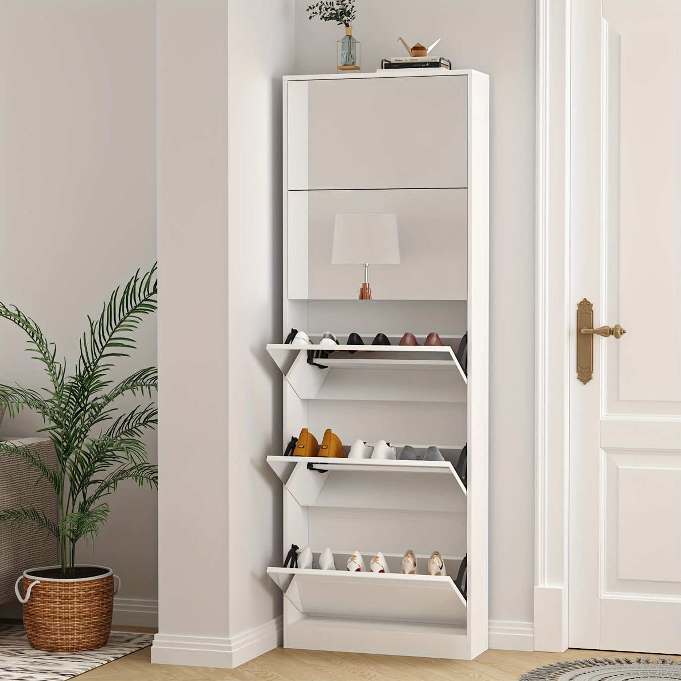 Schoenenkast – Schoenenrek – Schoenenopberger – Schoenenmeubel – Schoenentoren – Smal Design – 185 cm Volledige Spiegel – Flip-Lades – Wit