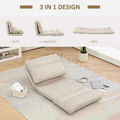 Vloerstol – Vloerstolletje – Inklapbare Zitstoel – Relaxstoel – Vloerbed – Verstelbare Rugleuning 6-standen – Dikke Comfortabele Kussenlaag – Beige Linnenlook