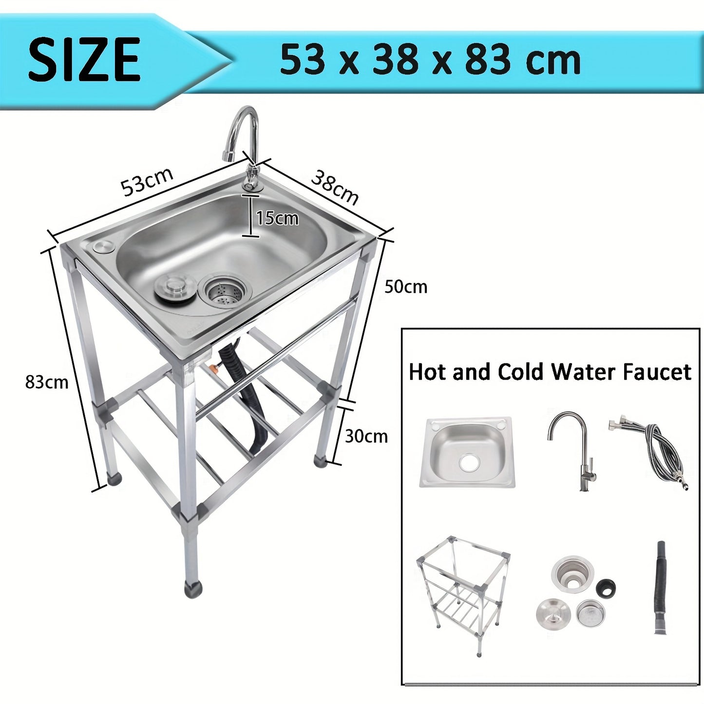 Stainless Steel Freestanding Sink with Faucet - Perfect for Outdoor, Kitchen, Garage & Laundry Use