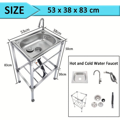 Stainless Steel Freestanding Sink with Faucet - Perfect for Outdoor, Kitchen, Garage & Laundry Use