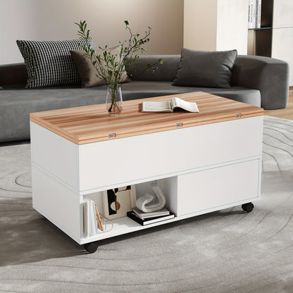 Salontafel – Koffietafel – Bijzettafel – Woonkamertafel – Tafel – Bamboe – Verstelbare Hoogte Met Lift-Top – 4 Lade Opbergruimte Met Wieltjes