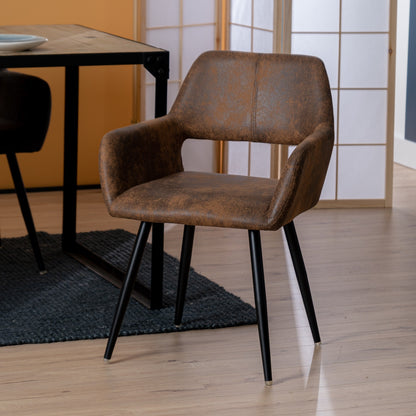 Eetkamerstoel – Stoel Met Armleuning – Designstoel – Keukenstoel – Scandinavische Stoel – Comfortabel Gestoffeerd – Metaal Met Houten Poten – Bruin – 56x56x78 cm