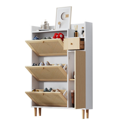 Schoenenkast – Schoenenrek – Schoenenopberger – Schoenenmeubel – Schoenenkastje – Smal Design – MDF en Massief Hout – 90x125x17 cm – 3 Kantelbare Deuren en Lade – Natuurlijk Houtlook