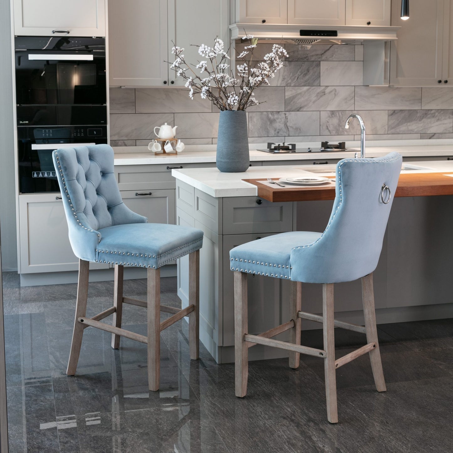 Barkrukken – Krukken – Barkruk Set – Barstoelen – Keukenstoelen – Lichtblauw – Zachte Gevoerde Zitting – Button-Tufted Rugleuning – Chrome Nagelrand – Duurzaam & Comfortabel