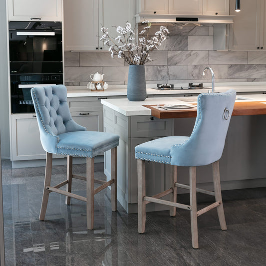 Barkrukken – Krukken – Barkruk Set – Barstoelen – Keukenstoelen – Lichtblauw – Zachte Gevoerde Zitting – Button-Tufted Rugleuning – Chrome Nagelrand – Duurzaam & Comfortabel