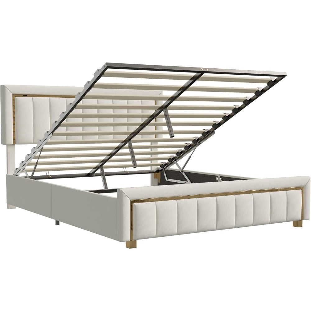 Beige Velvet Bed – Opbergbed – Bedframe – Tweepersoonsbed – Slaapkamerbed – 160x200 cm – Hydraulische Opbergruimte – Houten Lattenbodem
