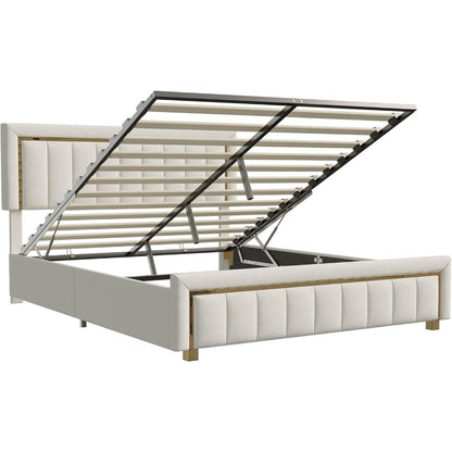 Beige Velvet Bed – Opbergbed – Bedframe – Tweepersoonsbed – Slaapkamerbed – 160x200 cm – Hydraulische Opbergruimte – Houten Lattenbodem