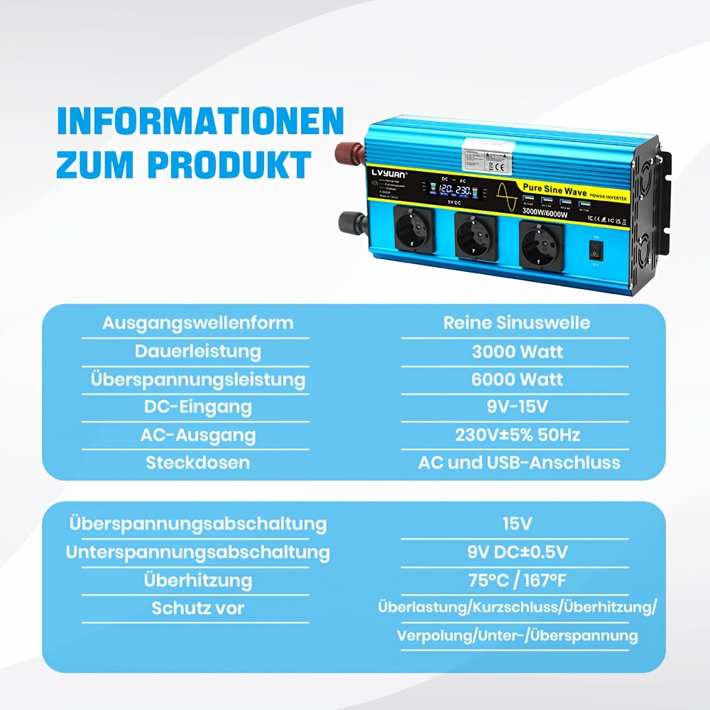 Omvormer – Spanningsomvormer – Stroomomzetter – Inverter – Converter – 3000W Vermogen – Zuivere Sinusgolf Uitgang – LCD Display & Afstandsbediening