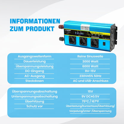 Omvormer – Spanningsomvormer – Stroomomzetter – Inverter – Converter – 3000W Vermogen – Zuivere Sinusgolf Uitgang – LCD Display & Afstandsbediening