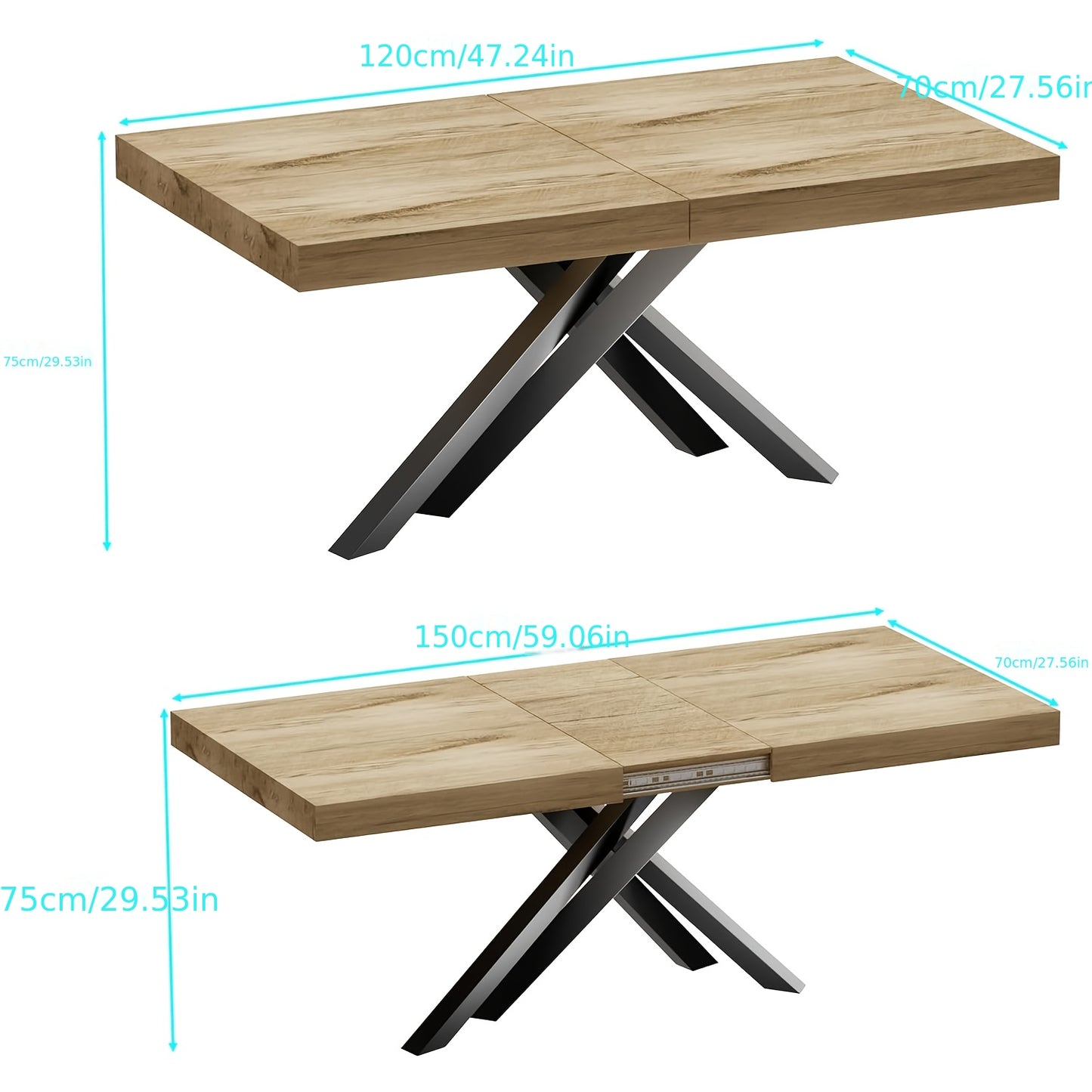 Uitklapbare Eettafel – Uitschuifbare Tafel – Opklapbare Eettafel – Verlengbare Keukentafel – Industriële Eettafel – Geel Industrieel Design – 120-150 cm Met Metaal X-Poot