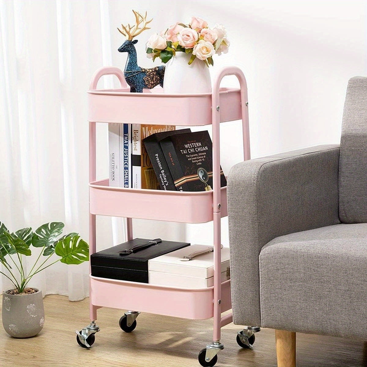 Keukentrolley – Serveerwagen – Opbergtrolley – Werkplek Trolley – Keukenwagen – Roze – 3 Niveaus – Compact 43x30x76,5 cm – Met Wieltjes