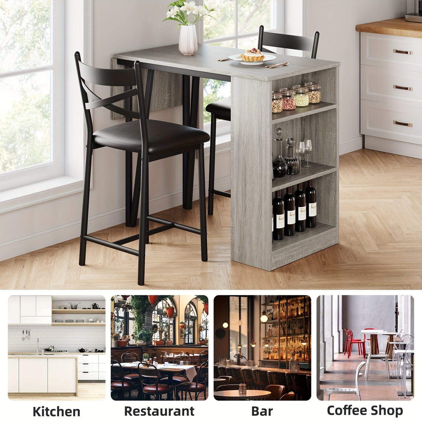 Eettafelset – Uitklapbare Tafel – Keukenstoel – Bartafel – Diningset – Compact Design – 3 Open Planken – Grijs