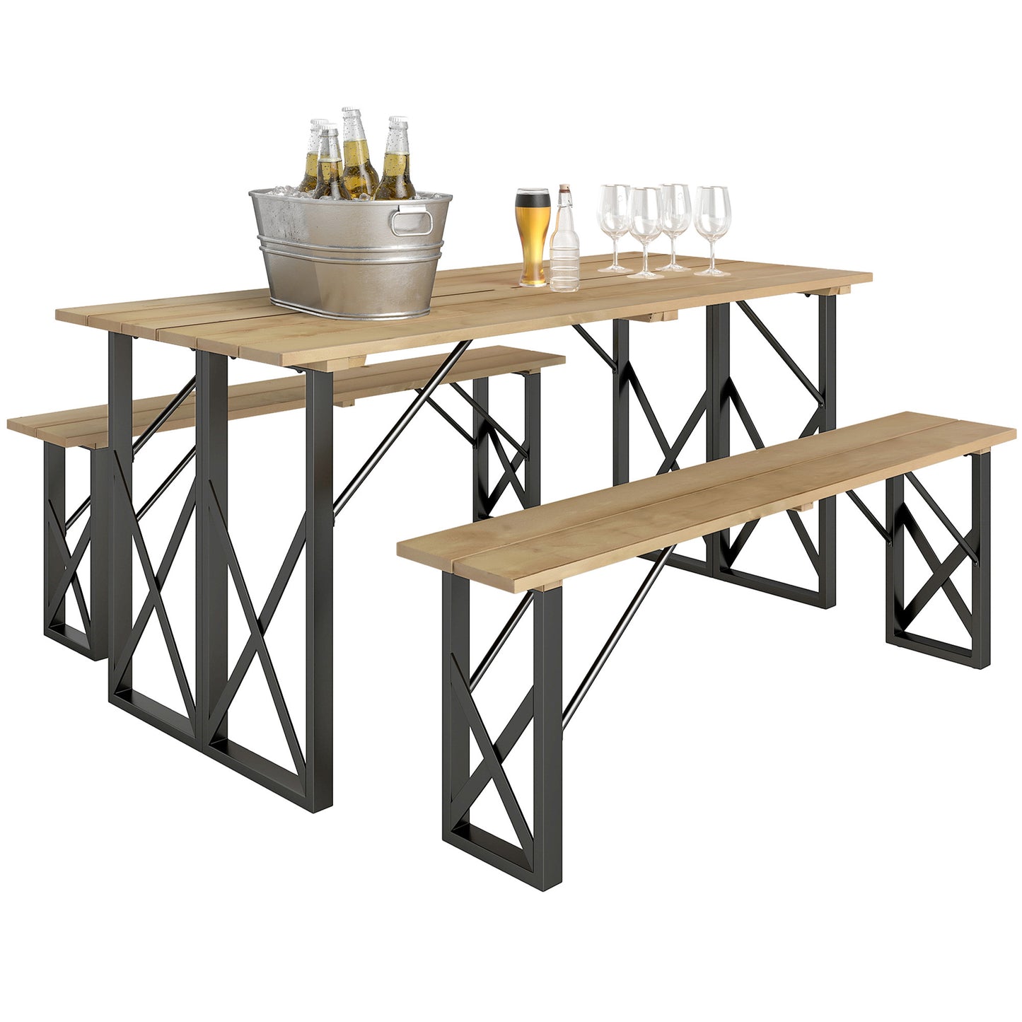 Houten Picknicktafel – Tuinset – Buitentafel – Terrasmeubel – Eettafel – 160 cm Met Parasolgaten – Stevig Stalen Frame