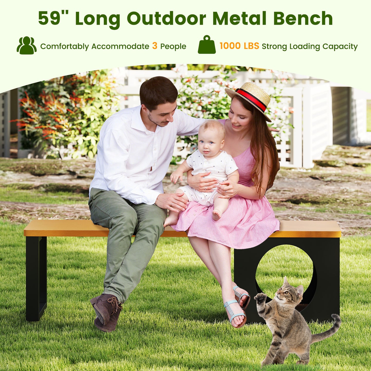 Metalen Tuinbank – Buitenbank – Tuinmeubel – Outdoor Bank – Kattenhuisje – 150 cm – Weerbestendig Zink – Kattenhuisje Met 2 Deuren En Drinkkraan