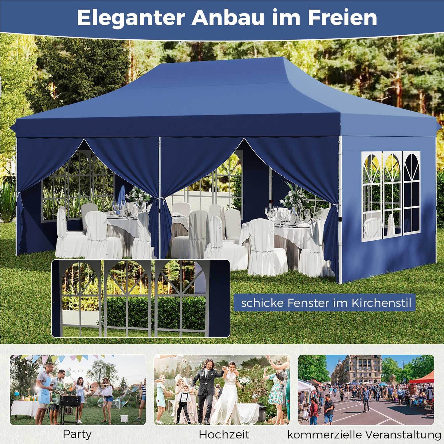 Paviljoen – Tuinpaviljoen – Partytent – Tenten – Overkapping – 3 x 6 Meter – Waterdicht Met UV Bescherming 50+ – Met 6 Zijwanden en Zandzakken – Blauw