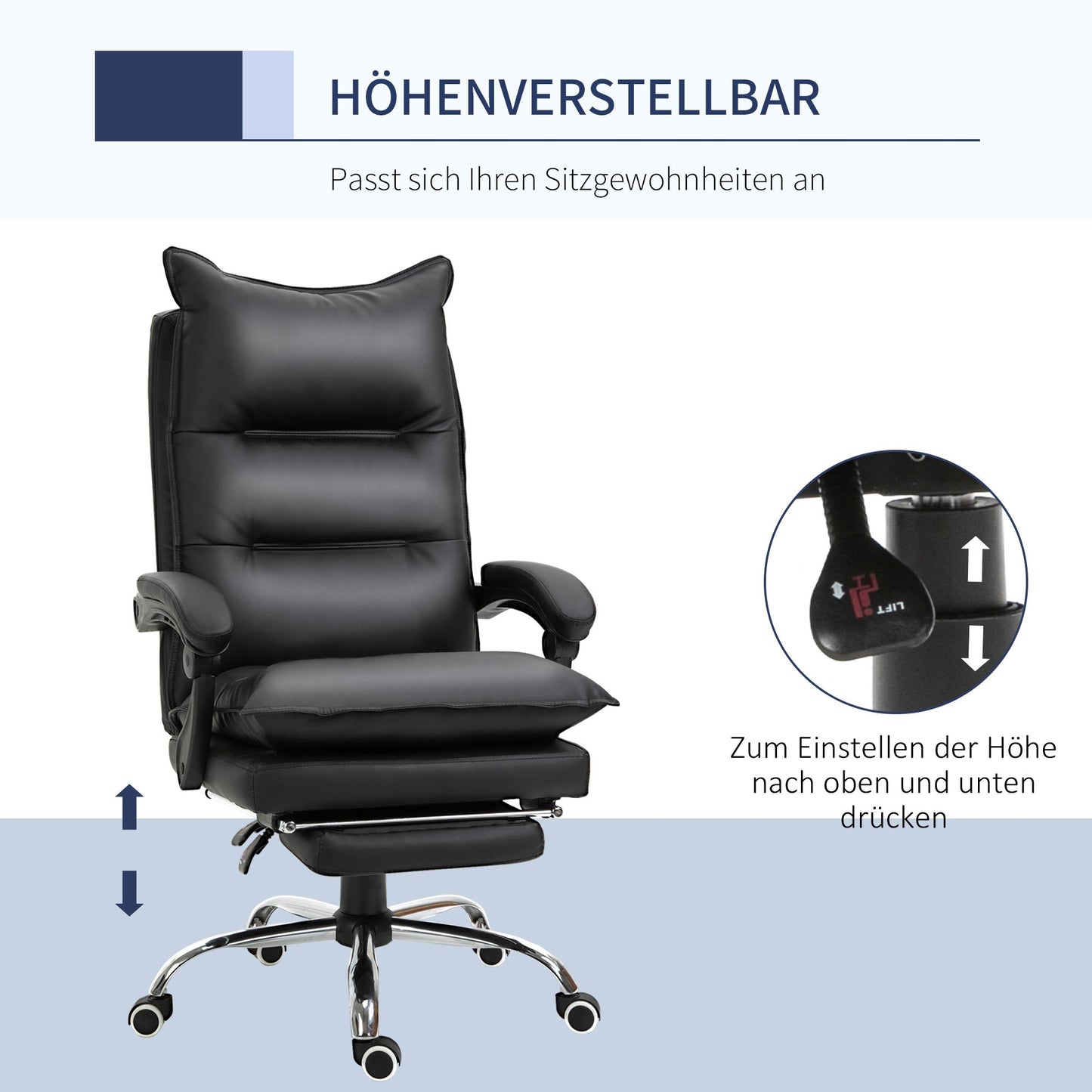 Bureaustoel – Kantoorstoel – Draaistoel – Gamestoel – Ergonomische Stoel – Verstelbare Zithoogte – Kunstleren Bekleding – Met Voetensteun – Zwart – 66 x 72 x 122-130 cm