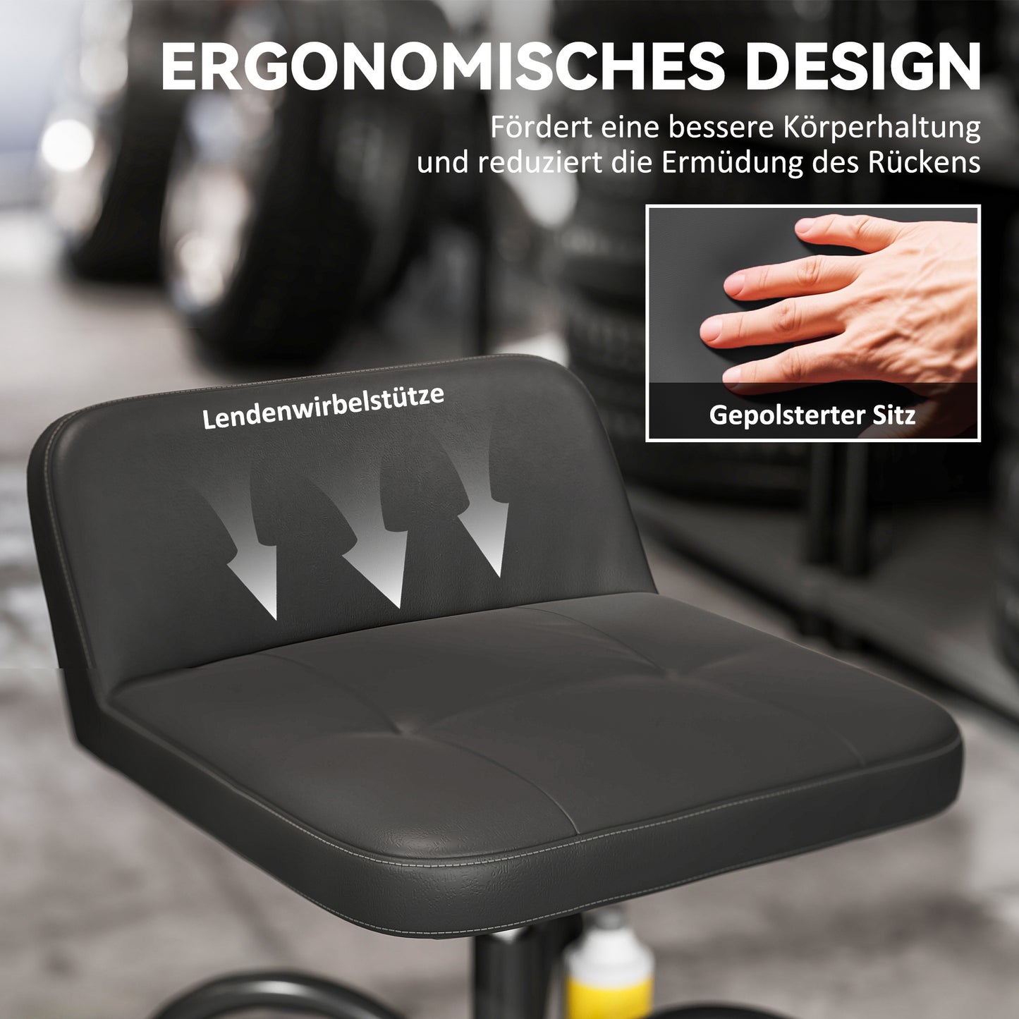 Werkplaatskruk – Werkkruk – Werkbankkruk – Werkstoel – Wielenkruk – Met Opbergrek – 58,5 cm Hoog – Draagvermogen 135 kg – Zwart Metalen Frame