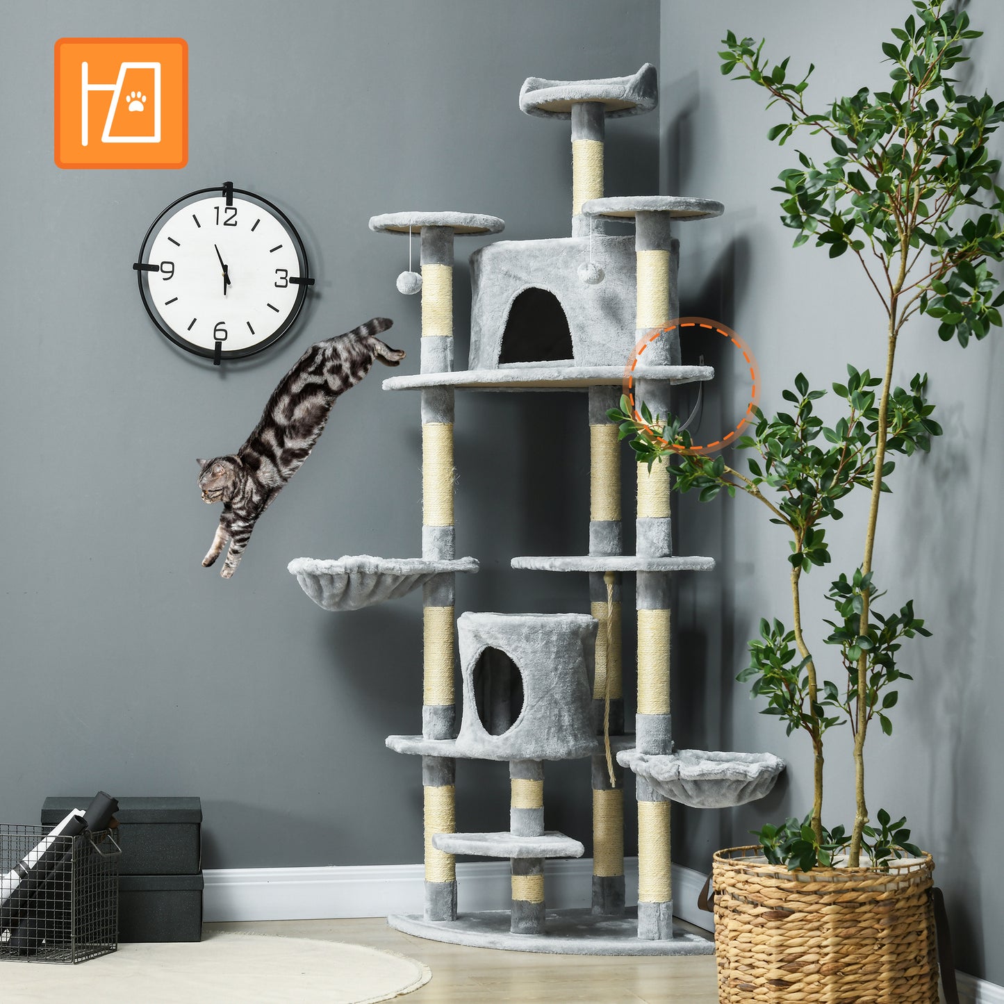 Krabpaal – Krabmeubel – Krabton – Kattenmeubel – Kattenklaar – Met 2 Hangmatten & Kattenholen – Stevig Sisal En Plush – Hoogte 200 cm