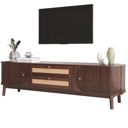 TV Cabinet - Natural Mixed Wood TV Cabinet with Doors And Drawers. TV Cabinet with Rattan Edges. Natural Country House Style