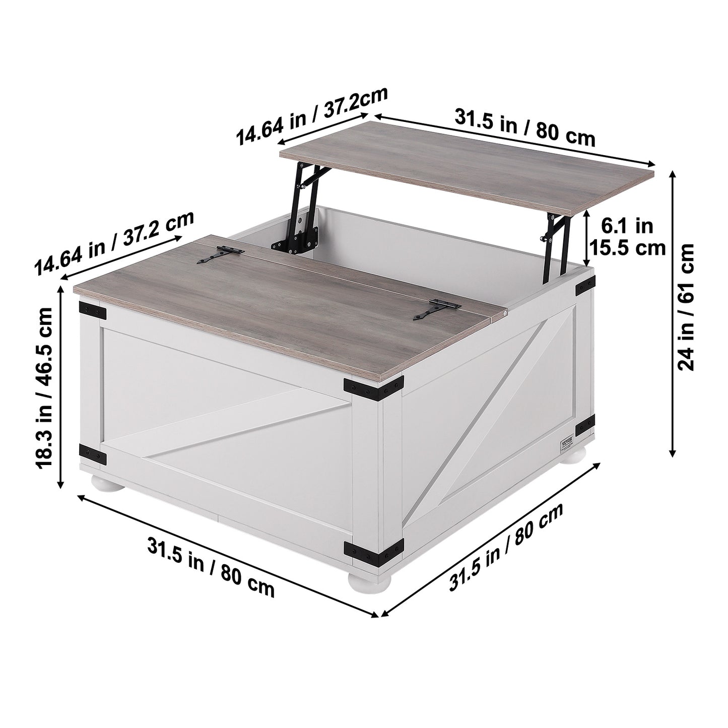 Salontafel – Koffietafel – Tafeltje – Woonkamertafel – Lift-Top Salontafel – 80x80 cm – Hydraulisch Hefblad – Grote Opbergruimte Grijs-Wit