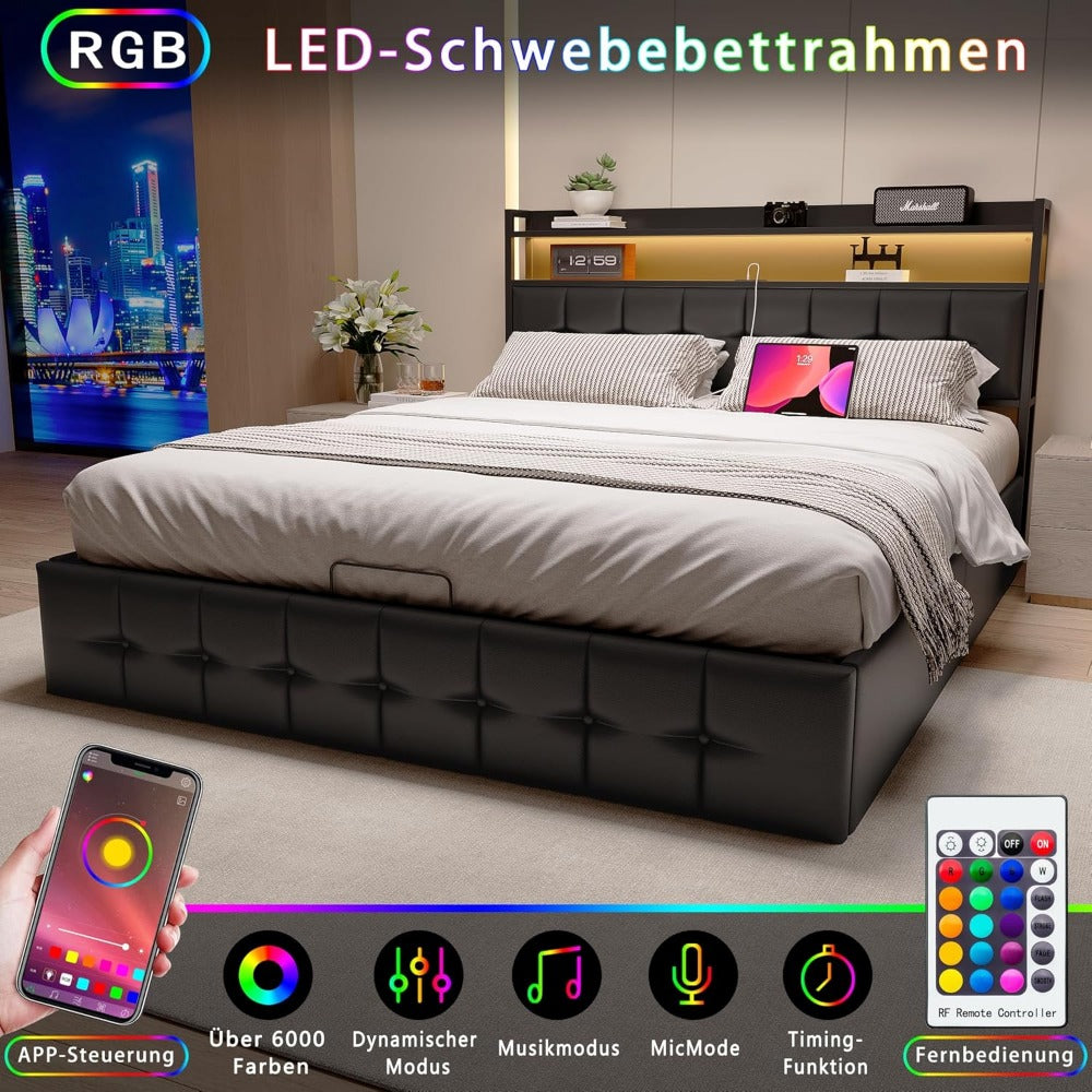 Led-bed – Gestoffeerd bed – Tweepersoonsbed – Opbergbed – Boxspring bedframe – 160x200 cm – Hydraulisch frame – LED-verlichting