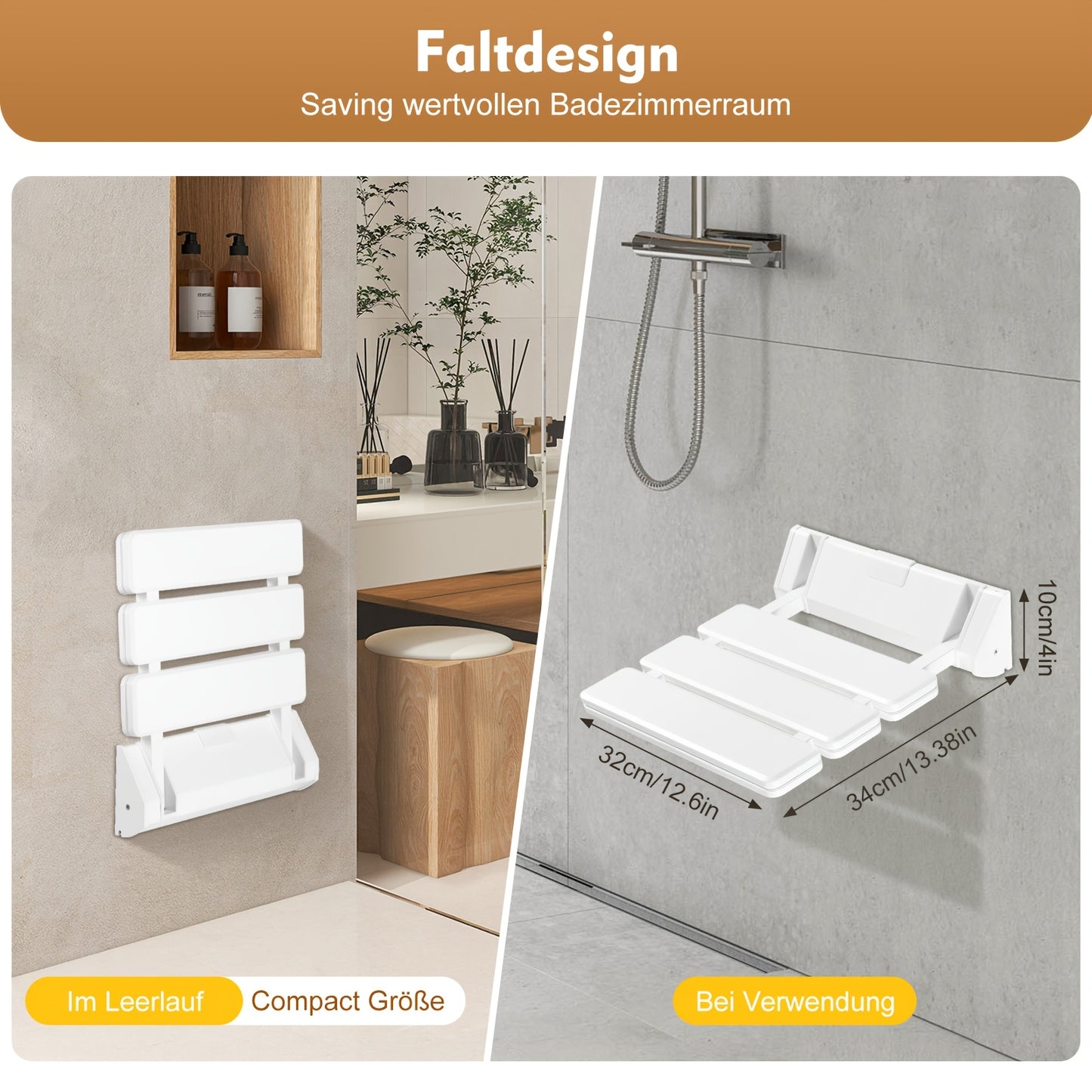 Opklapbare Douchezit – Douchekruk – Douchestoel – Badstoel – Wandzitje – Ruimtebesparend Design – Max Draagvermogen 130 kg – Wit