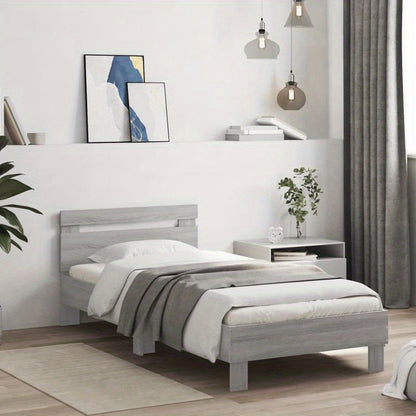 Modern Minimalist Bed Frame with Headboard - Heavy-Duty Hardwood Construction, Easy Assembly, Tool-Free Setup, Space-Saving Design - for Small to Large Bedrooms - Grigio Sonoma (90x200cm/35x79") - Neutral Modern Bedroom Furni