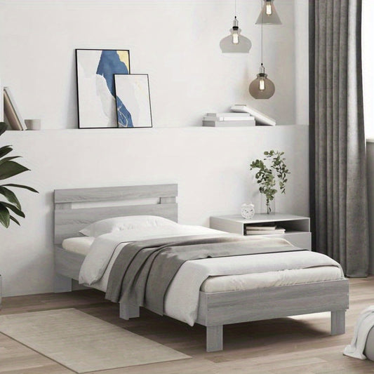 Modern Minimalist Bed Frame with Headboard - Heavy-Duty Hardwood Construction, Easy Assembly, Tool-Free Setup, Space-Saving Design - for Small to Large Bedrooms - Grigio Sonoma (90x200cm/35x79") - Neutral Modern Bedroom Furni
