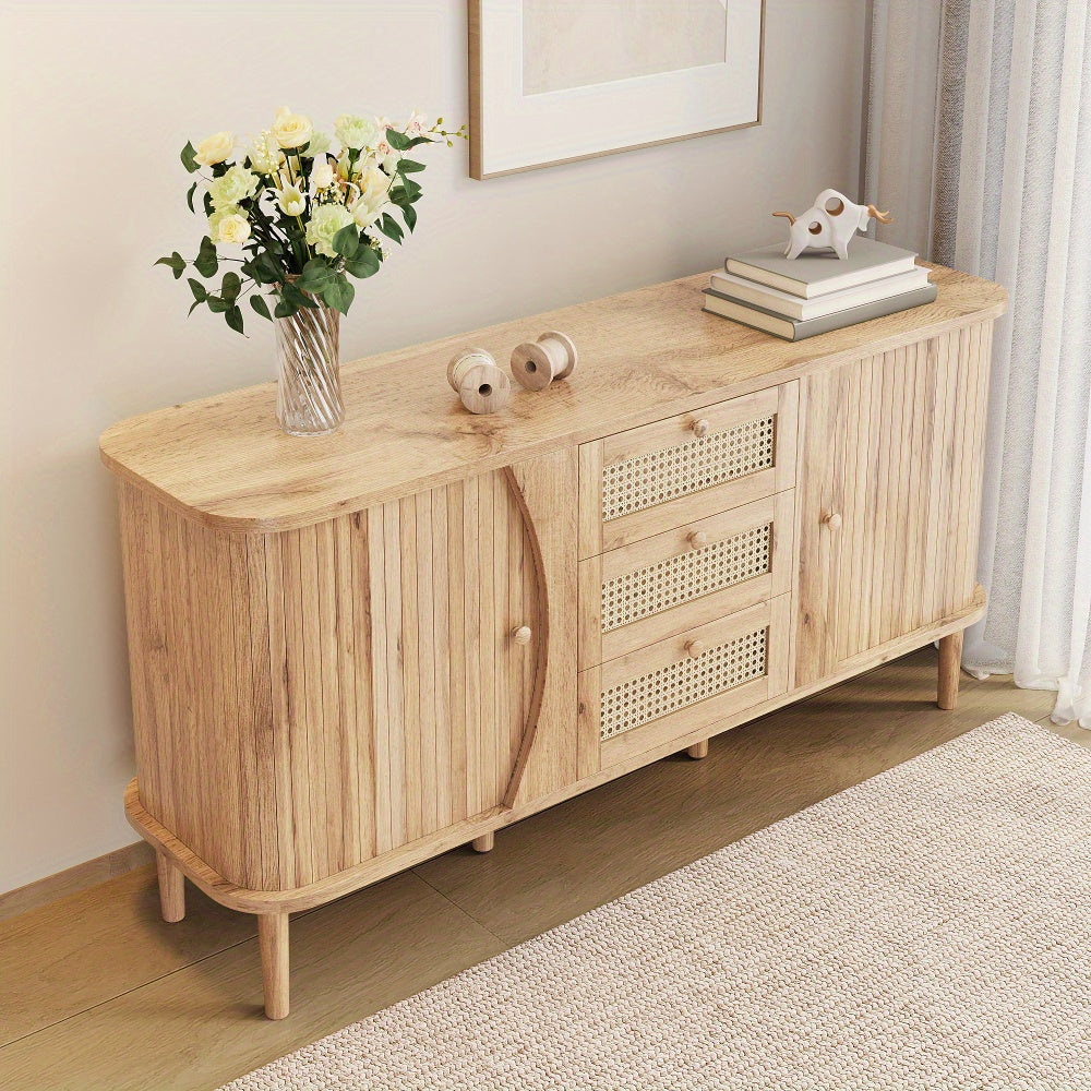 Modern Farmhouse Sideboard Cabinet with Sliding Doors - Natural Beige & Brown Storage Furniture, Adjustable Shelves, Entryway, Living Room, Dining Room Organizer - Easy Assembly Required, Entryway Furniture, Contemporary Desi