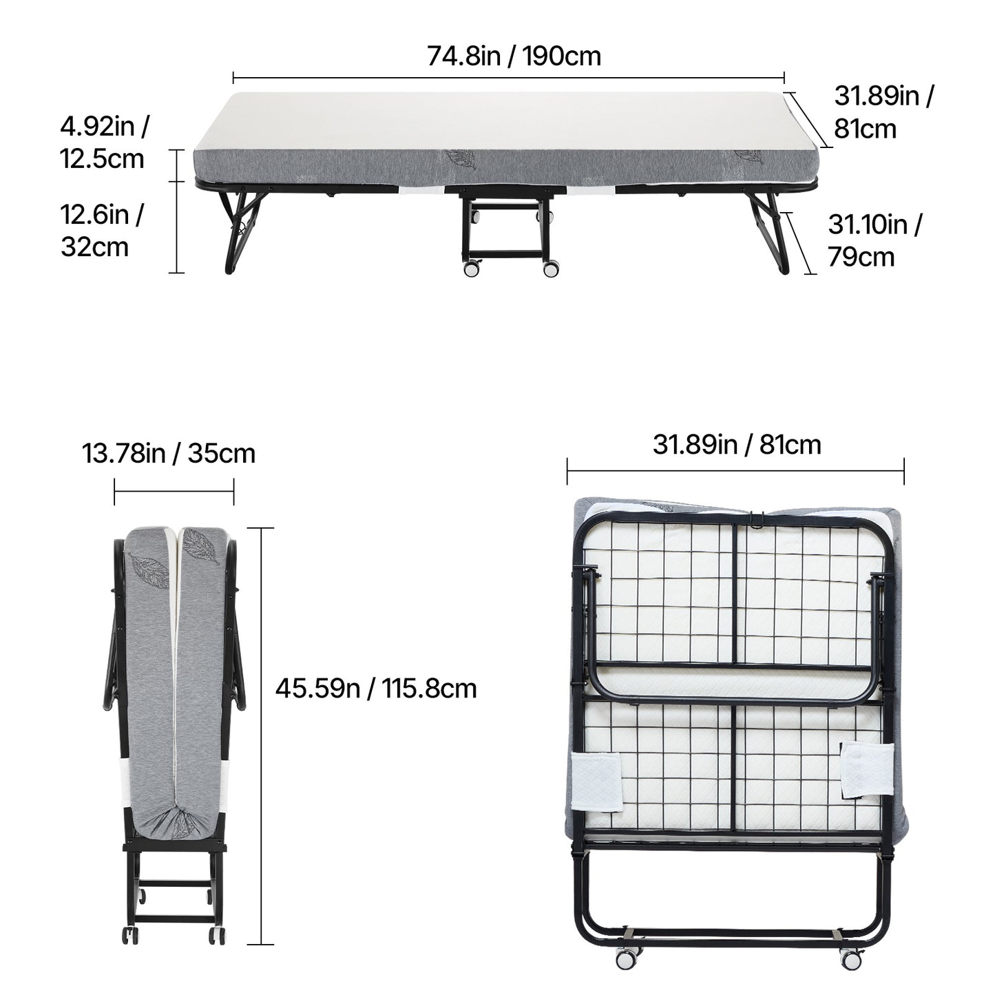 Opvouwbed – Vouwbed – Opklapbed – Logeerbed – Inklapbaar Bed – Met 12,5 cm Schuimmatras – Draagvermogen Tot 135 kg