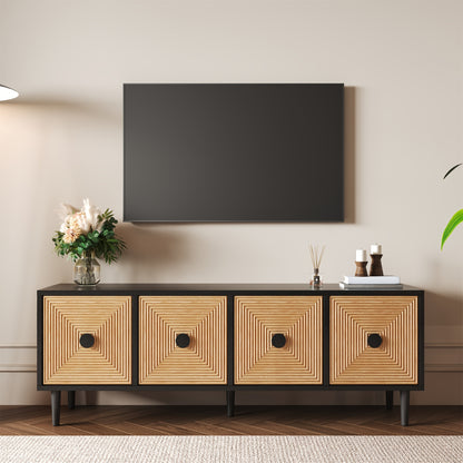 TV-meubel – Tv-kast – Lowboard – Media meubel – Entertainment kast – Zwart met bamboe – Laag design 150x38x55 cm – Ruime opbergruimte