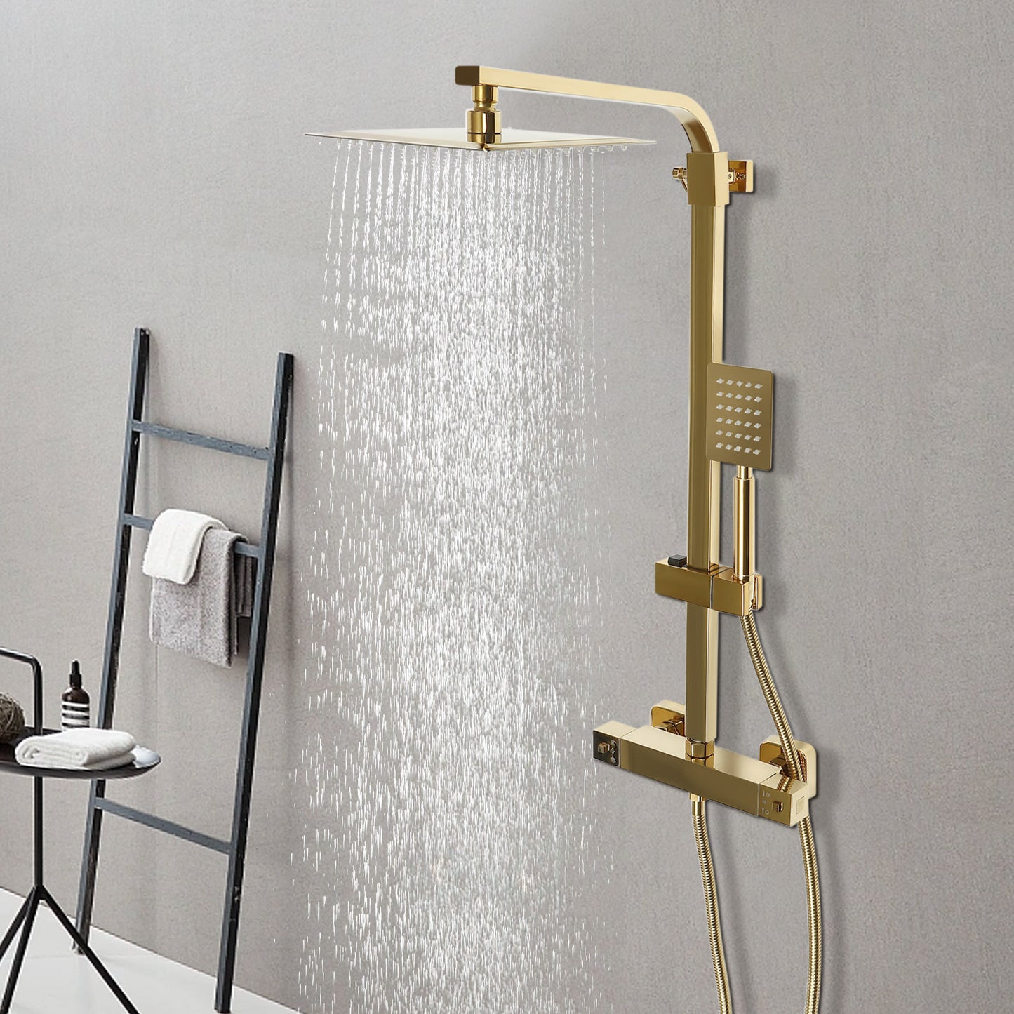 Thermostatisch Douche Systeem – Douche Set – Douchekop – Regendouche – Badkamerkraan – Gouden Kleur – Hoogwaardig Messing – 20 cm Vierkante Hoofddouche