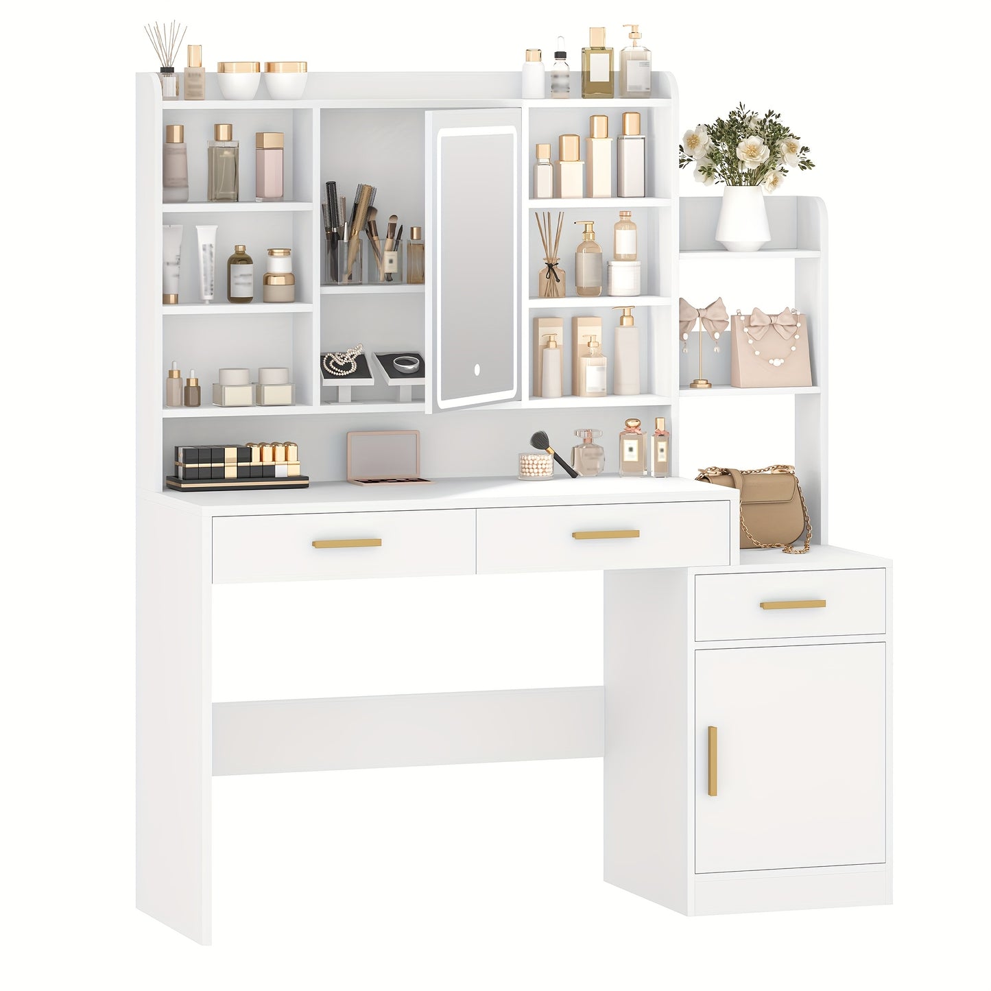 Make-uptafel – Kaptafel – Make-upmeubel – Schminktisch – Witte Make-uptafel – Groot Tafelblad 130 cm – Negen Open Schappen – Twee Lades – Kastje Met Plank